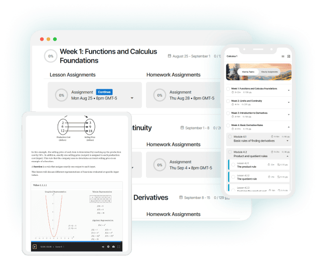 Learnvia math courseware preview showing instructor and learner modes, streamlined grading, and student progress insights